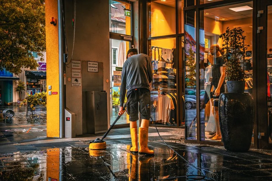 gallery-01 A man in a blue t-shirt cleaning large glass pane with a squeegee indoors.